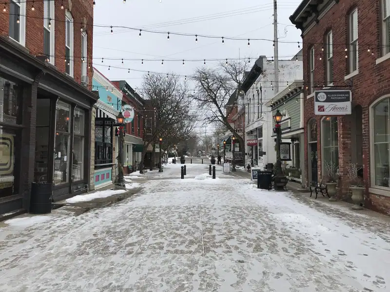 A narrow historic downtown alley lined with storefronts