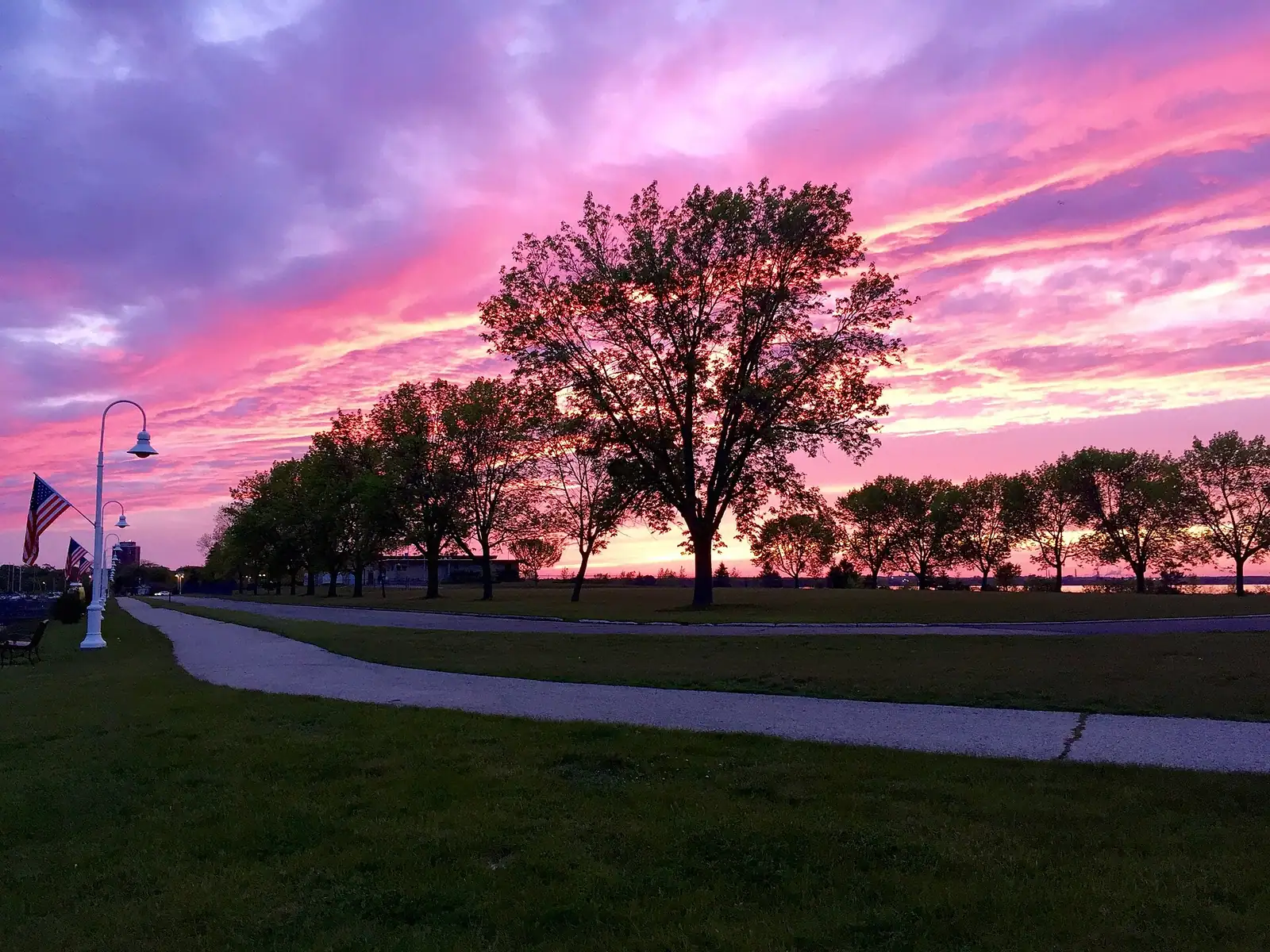 A park lawn with trees under a colorful sky
