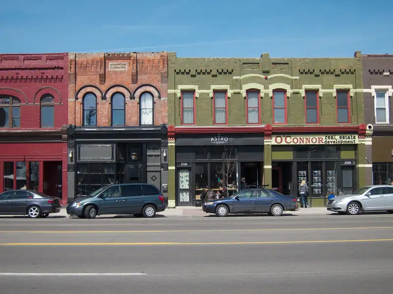 A row of colorful historic storefronts