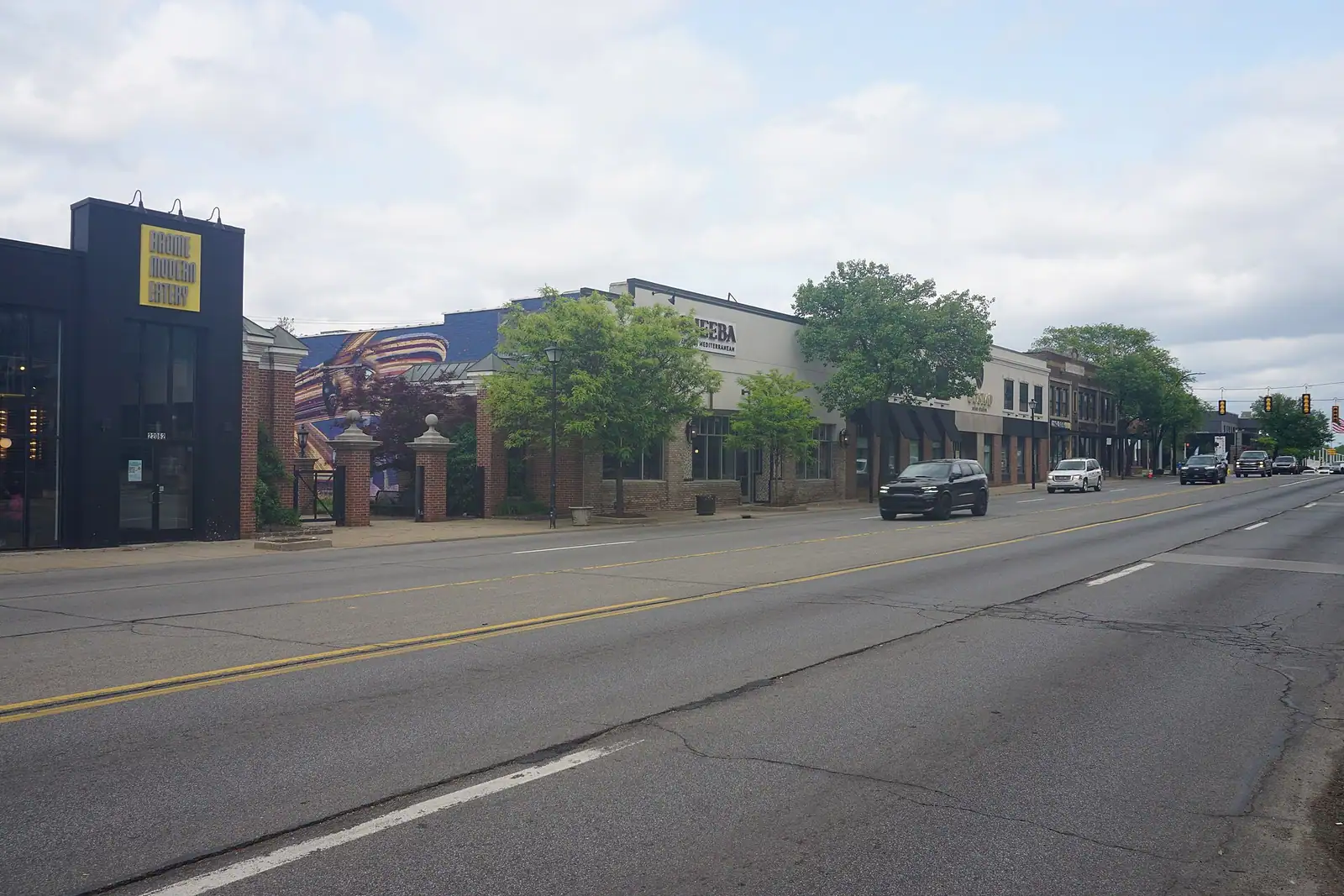 A downtown street with shops and trees