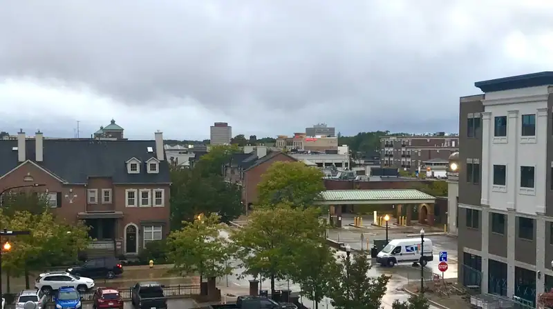 A view across Dearborn buildings and trees