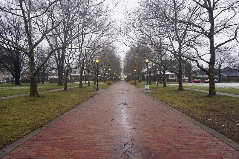 A brick-paved park walkway lined with trees