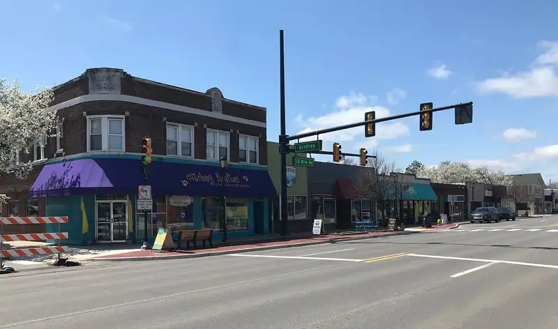 Shops and restaurants along a downtown street