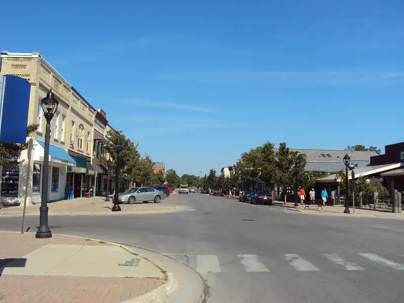 A downtown street with shops and planters