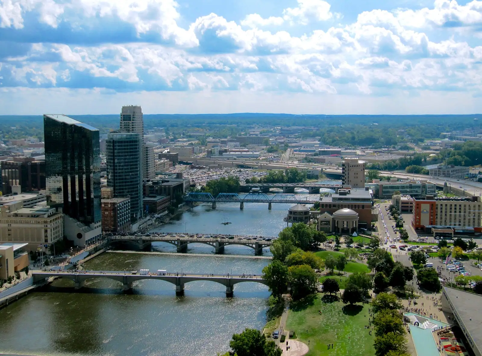 Downtown towers and bridges along the Grand River from above
