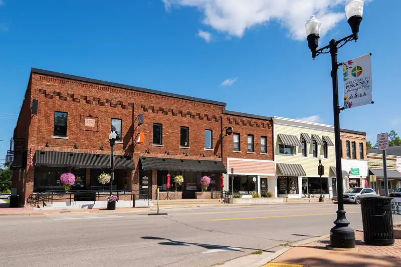 Historic brick storefronts with banners