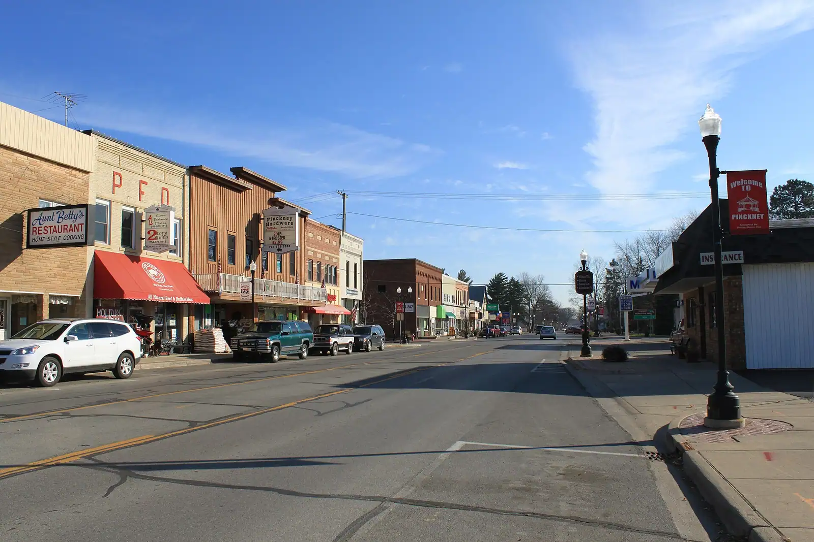 Shops with awnings along a small-town main street