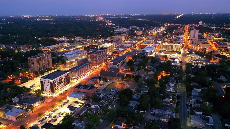 City lights along downtown streets at night