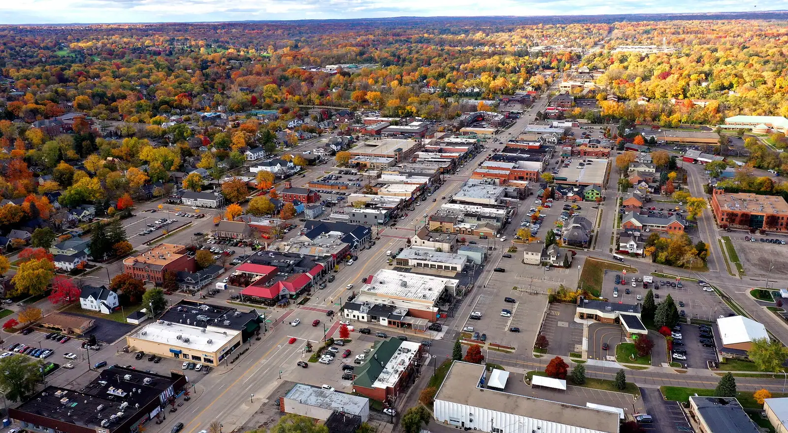 Aerial view of downtown Rochester with fall color