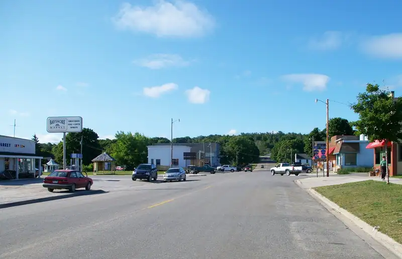 The village main road lined with trees and buildings