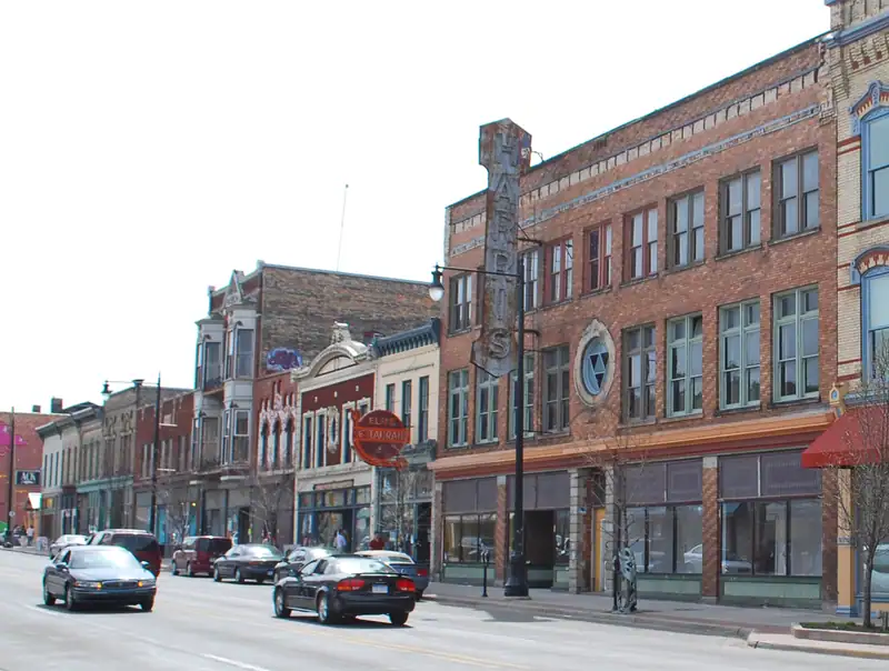 A row of historic storefronts and lofts
