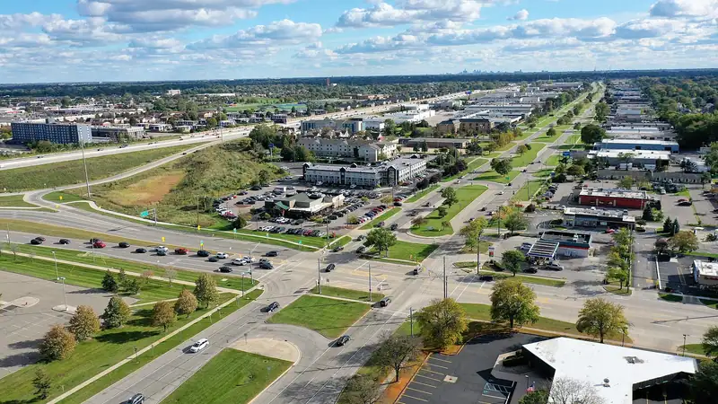 Aerial view of roads, offices and trees