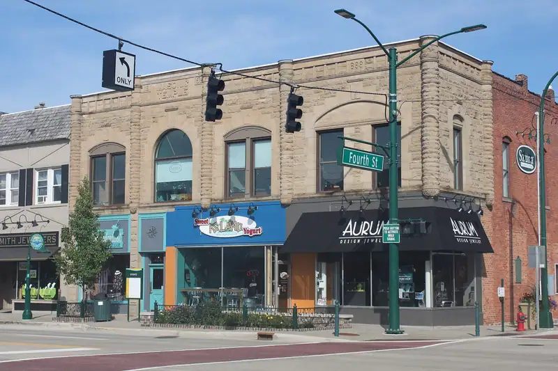 Historic brick buildings and shops on Main Street
