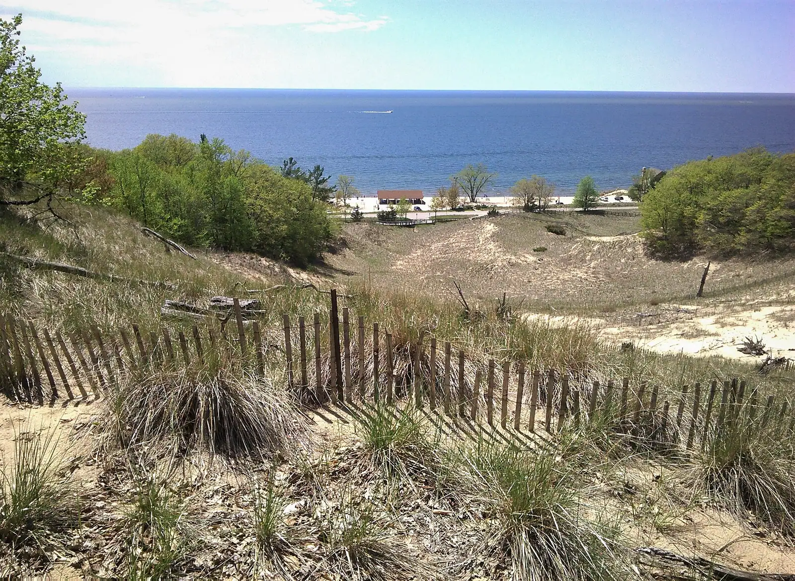Dune grass and fencing above a Lake Michigan beach